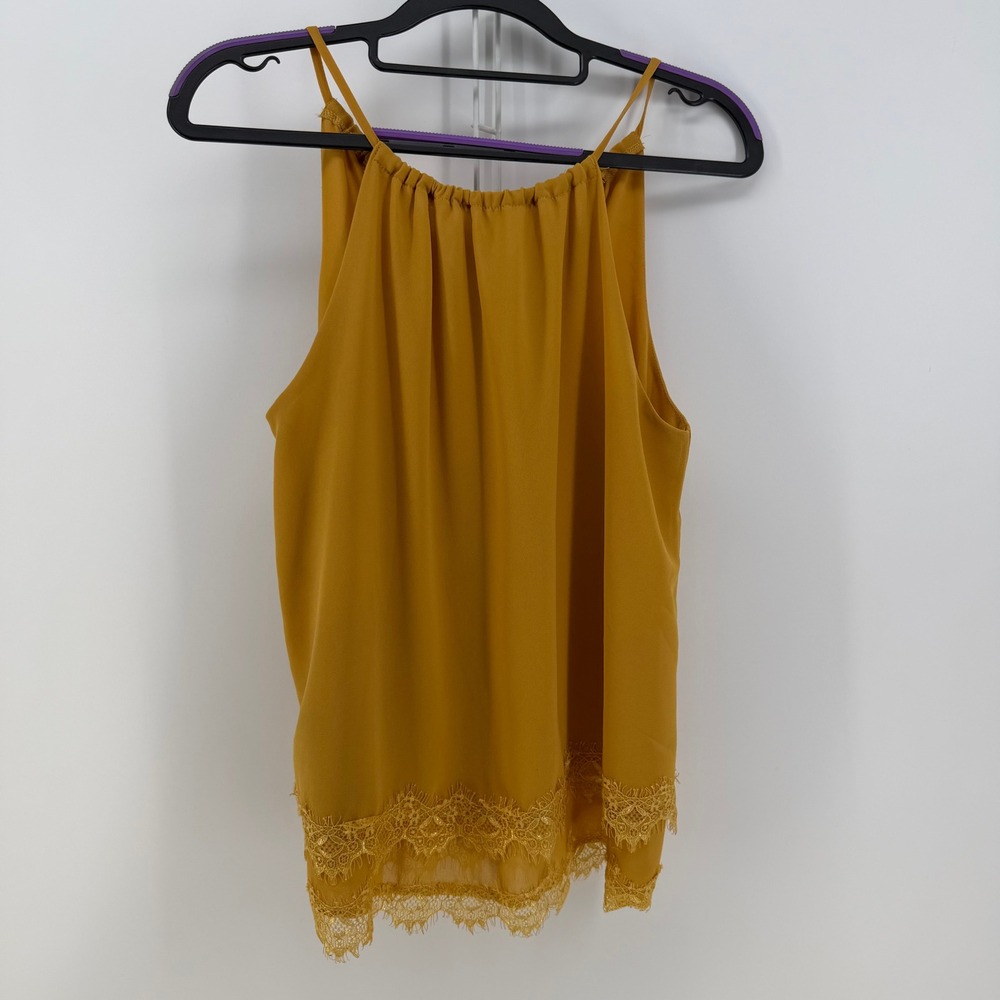 Alya Francescas‎ Tank Top Womens XS Mustard Yellow Lace Hem Halter Boho Flowy